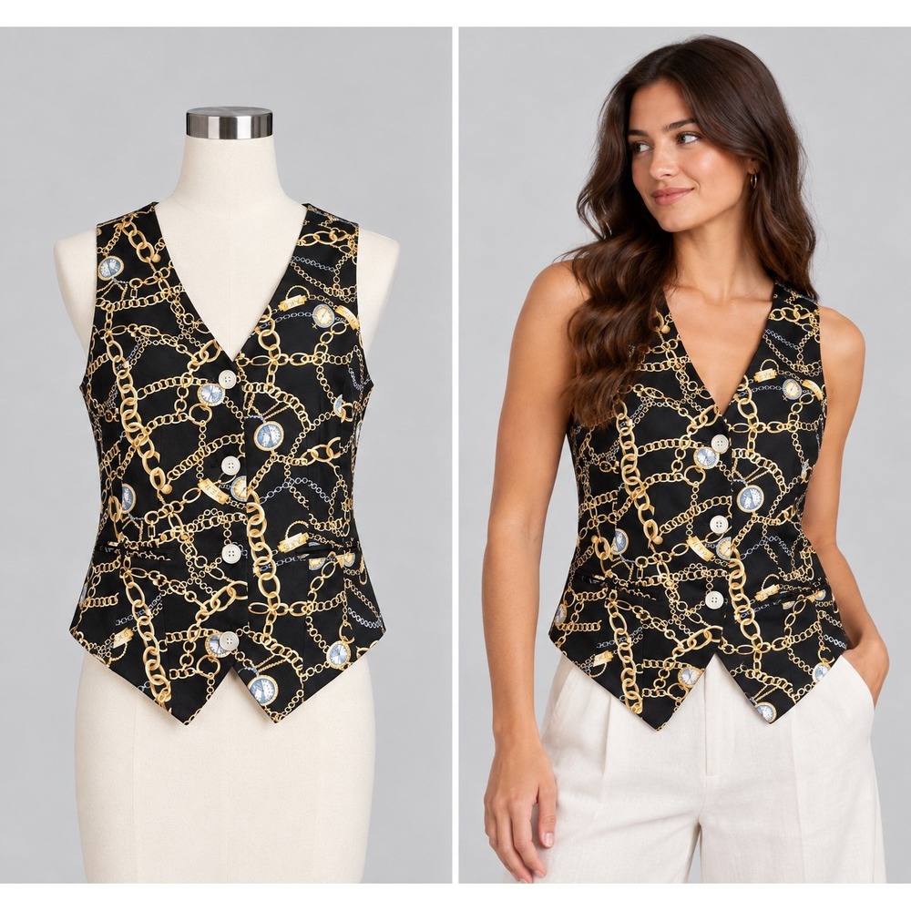 Jones New York Sport Vest Women Medium Black Gold Chain Print Equestrian Chic
